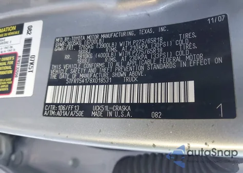 2008 Toyota Tundra Sr5 4.7L V8 z USA, uszkodzony, nr VIN 5TFRT54178X018531